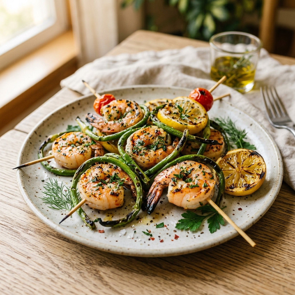 Grilled Garlic Scapes Shrimp Skewers